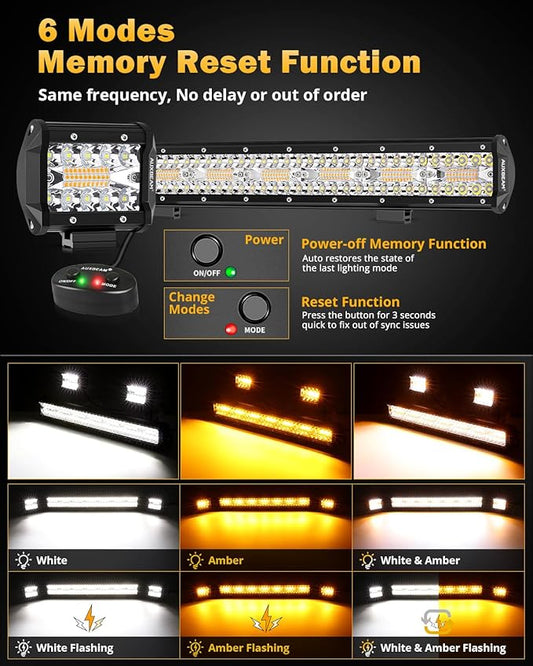 Auxbeam 6 Modes Amber White Series, 4" LED Pods with 20" LED Light Bar Combo Set, Dual Color Strobe Flash/Warning/Signal Spot Flood Combo Auxiliary Offroad Fog Lights, 3 Packs