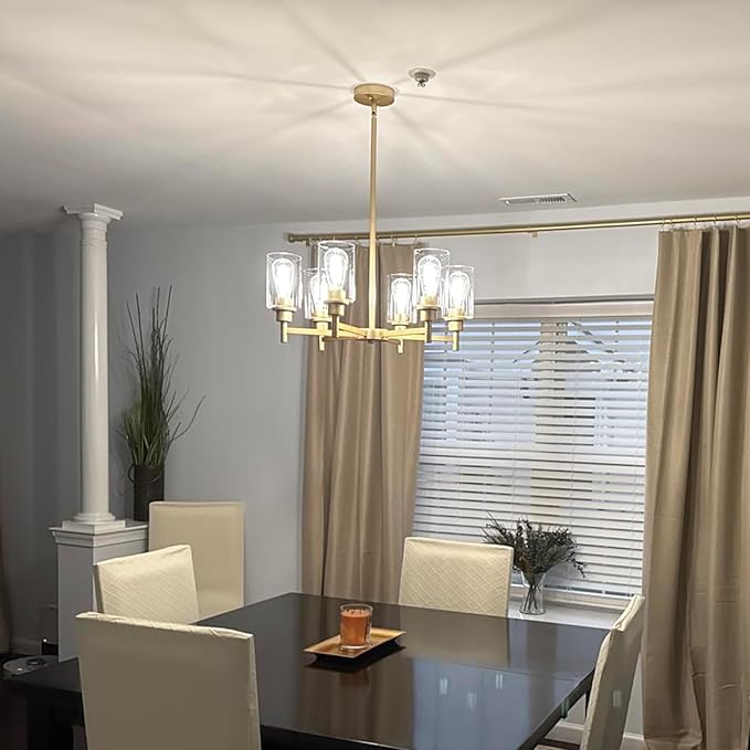 Modern Gold Chandeliers for Dining Room, 6-Light Chandelier Light Fixture with Clear Glass Shades, Metal Hanging Pendant Lighting for Living Room, Kitchen, Staircase, Entryway