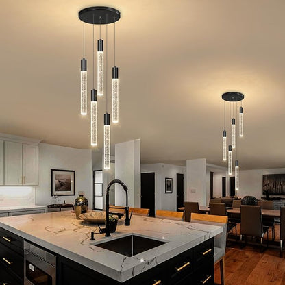 HAIXIANG 5-Lights Chandelier Modern Crystal Glam Light Remote Dimmable Pendant Lighting for Kitchen Island Dining Room Matte Black Light