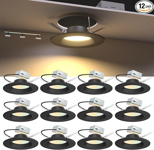 Lightdot 6 Inch Recessed Lighting 12 Pack Black, 12W Dimmable LED Downlight 3CCT Selectable (3000K/4000K/5000K), Anti-Glare Slim Canless Ceiling Light