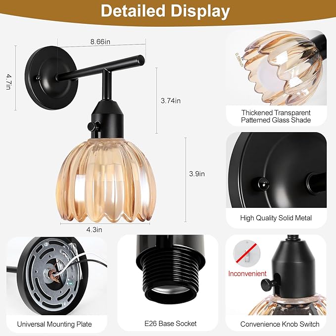 Vintage Black Wall Sconces Set of 2 with Cute Amber Tulip Glass Lampshade, Hardwired and Wireless Wall Mounted Light Fixtures (2 Usage Methods) with Switch for Bedside Bedroom Living Room Wall Decor