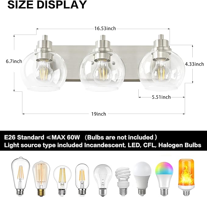 Tuscarora Bathroom Light Fixtures, Brushed Nickel Vanity Light 3 Light Bathroom Vanity Light with Clear Glass Shade,Lighting Fixtures for Mirror