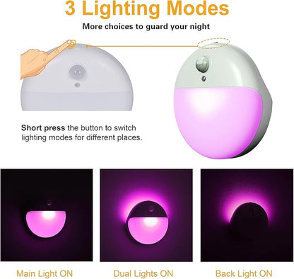 YUNLEX 2 Pack Purple Battery Night Light, Motion Activated Night Light, 2.6" Small Sticky Lights, 3 Light Modes, Dimmable Calming Glow for Meditation, Relaxation, Bathroom, Bedroom, Travel, Violet