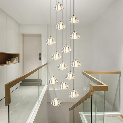 Modern Crystal Chandelier 14-Lights High Ceiling Raindrop Chandelier Lighting Fixture, Large LED Round Indoor Lighting Fixture Gold for Foyer Staircase Living Room