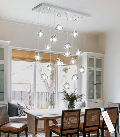 HAIXIANG Crystal Rectangular LED Chandelier for Living Dining Room Light Dimmable High Ceiling Pendant Lights Fixtures Lighting Chandeliers for Foyer Entryway Lighting Polished Chrome