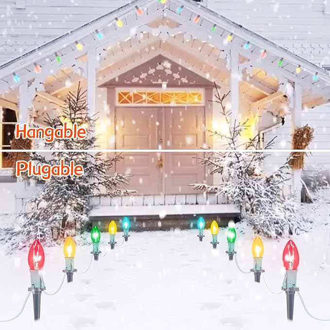 C9 Christmas Pathway String Lights, 2 Pack 25.7 Ft C9 20 Lights with 20 Multicolored Glass Bulbs and 20 Stakes Connectable Waterproof for Outdoor Indoor Xmas Party Holiday Decoration, Multicolor