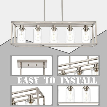 MELUCEE 5-Light Dining Room Lighting Fixture Hanging Brushed Nickel Modern Pendant Lighting Contemporary Chandeliers with Clear Glass Shade for Kitchen Island Living Room Bedroom