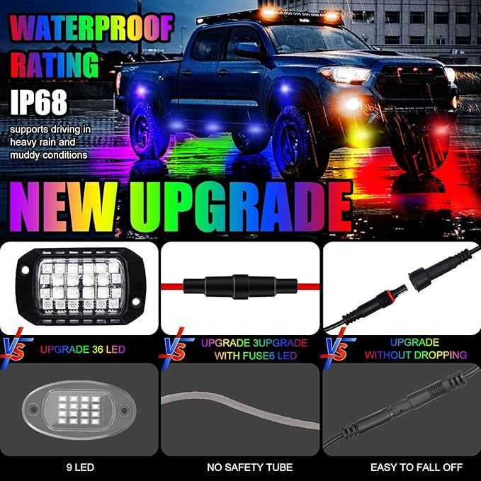 Rock Lights for Trucks, 36LED Full Angle RGB Led Rock Lights with APP/RF Control Flashing Music Mode, Multicolor Waterproof Underglow Led Lights Exterior Wheel Light for Truck UTV ATV Jeep SUV (8PCS)