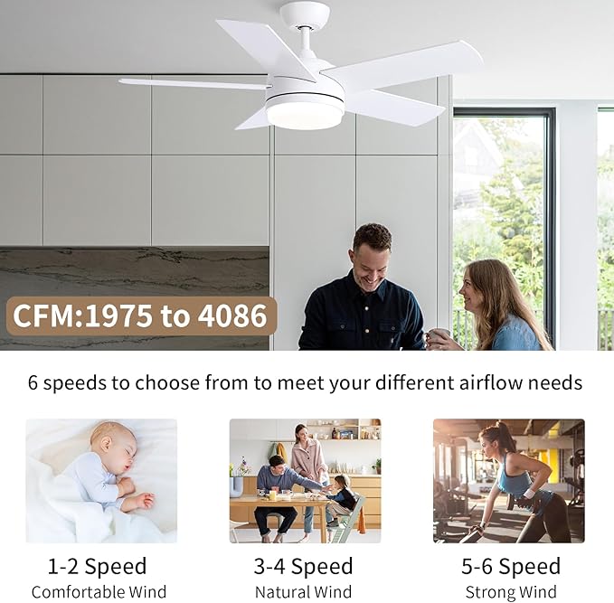 YUHAO 44 Inch White Ceiling Fan with Light and Remote Control.Noiseless,Dimmable,3CCT,6 Speeds Reversible, DC Ceiling Fans for Indoor or Covered Outdoor Use.ETL Listed