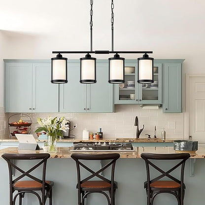 4-Light Kitchen Island Lighting, Black Linear Dining Room Light Fixtures with Frosted Glass and Chain, Modern Farmhouse Chandelier Pendant Light for Kitchen Island Dining Room, OS-3014-4ISBKW