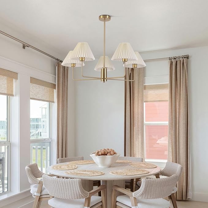 KCO Lighting 5-Lights White Pleated Fabric Pendant Light Mid Century Modern Brushed Gold Sputnik Chandelier Traditional Dining Living Room Chandelier Above Dining Table