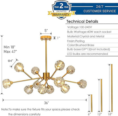 Weesalife Sputnik Chandeliers Modern Crystal Pendant Lighting Gold Chandelier 12 Lights Mid Century Ceiling Light Fixtures for Dining Room Kitchen Island Living Room Bedroom Bar