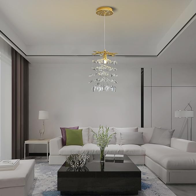 Modern K9 Crystal Tree Branches Chandelier, 8.6in Gold 1 Lights Large Ceiling Hanging Light for Dining Room, Round Tassel Ceiling Hanging