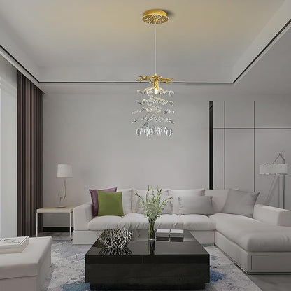 Modern K9 Crystal Tree Branches Chandelier, 8.6in Gold 1 Lights Large Ceiling Hanging Light for Dining Room, Round Tassel Ceiling Hanging
