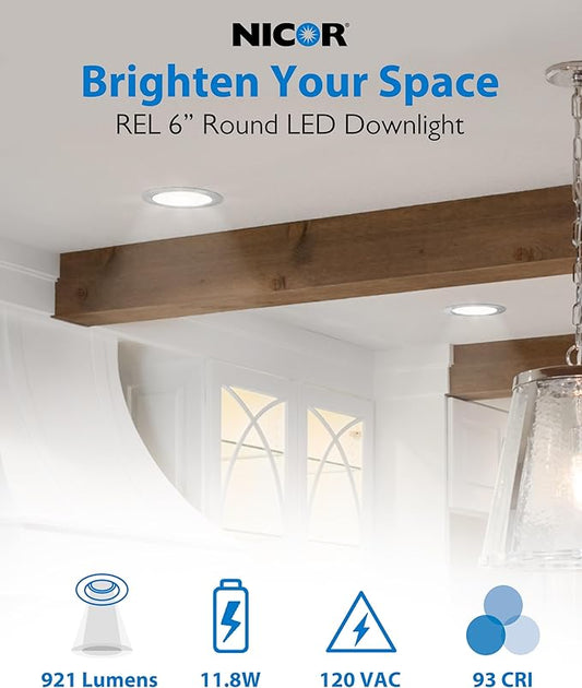 LED Downlight - Ultra-Thin 6 inch LED Recessed Light with Junction Box - 3000K, 902 Lumens, 11.8W, 120V, Dimmable LED Lights - REL6 Edge-Lit LED Ceiling Light, White by NICOR Lighting
