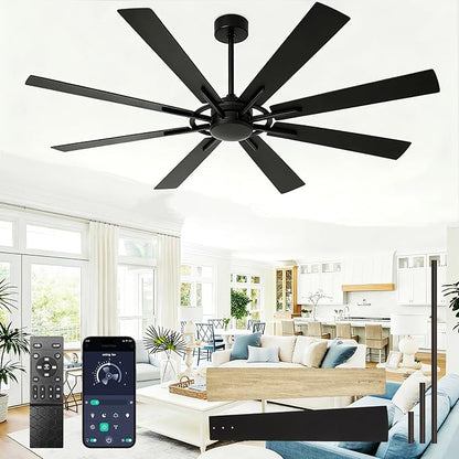 Ceiling Fan Without Light: 66 Inch Big Indoor Outdoor Fan with Remote APP Control - Black Wood Grain Large Ceiling Fan no Light 8 Blade Reversible Quiet DC Motor Memory Function Timer