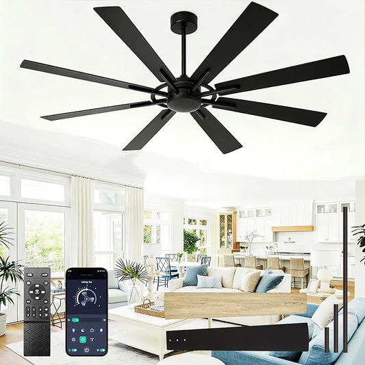 Ceiling Fan Without Light: 66 Inch Big Indoor Outdoor Fan with Remote APP Control - Black Wood Grain Large Ceiling Fan no Light 8 Blade Reversible Quiet DC Motor Memory Function Timer