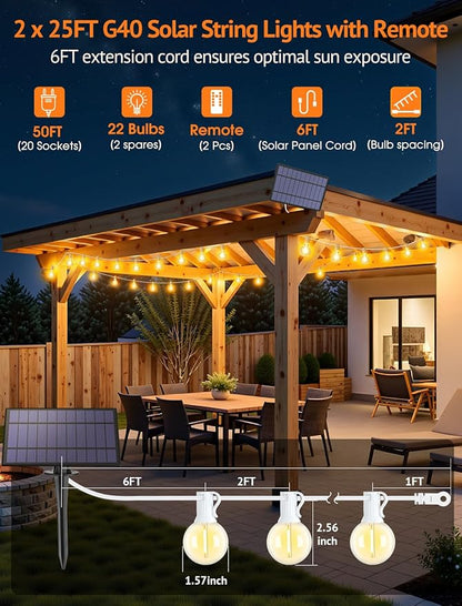 Larkvue 50FT(2x25FT) Solar String Lights Outdoor with Remote, Waterproof Dimmable 3 Modes Patio Lights with 20+2 LED G40 Bulbs for Party Bistro-White