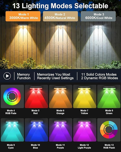 Solar Fence Lights Outdoor,3000/4500/6000K 13 Mode, 2 Pack Fence Lights Solar Powered with Ultra-Bright Lens IP65 Waterproof,Solar Wall Light for Backyard/Step/Patio/Deck/Stair/Railings