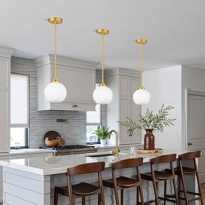 2 Pack 7.2-Inch Globe Pendant Lights, Mid Century Gold Pendant Light Fixtures, Globe Pendant Lights Kitchen Island with Milk Glass Shade Adjustable Hanging Fixture for Dining Room (Bulbs not Included)