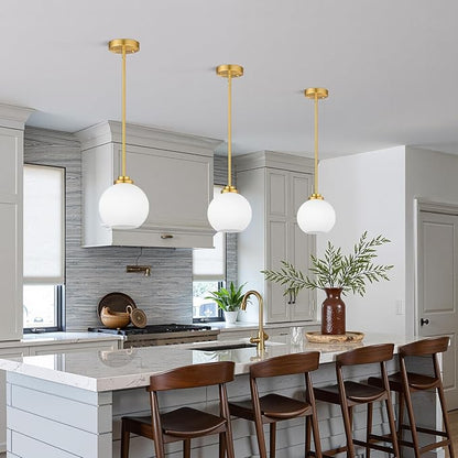 2 Pack 7.2-Inch Globe Pendant Lights, Mid Century Gold Pendant Light Fixtures, Globe Pendant Lights Kitchen Island with Milk Glass Shade Adjustable Hanging Fixture for Dining Room (Bulbs not Included)
