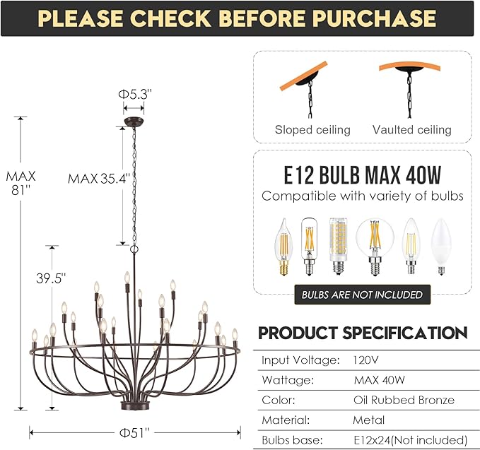24 Light Chandelier 51'' Oil Rubbed Bronze Large Candle Chandeliers for High Ceiling Foyer Chandelier Light Fixture for Large Living Room Dining Room Stairs Entry Restaurant Hotel