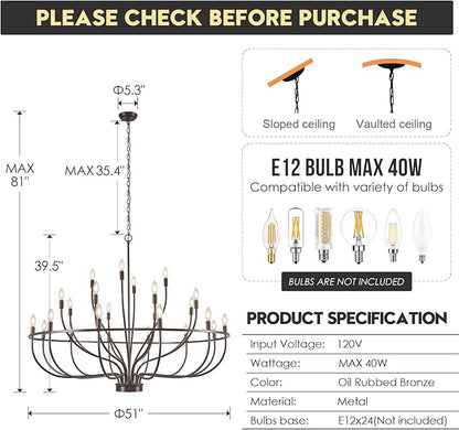 24 Light Chandelier 51'' Oil Rubbed Bronze Large Candle Chandeliers for High Ceiling Foyer Chandelier Light Fixture for Large Living Room Dining Room Stairs Entry Restaurant Hotel