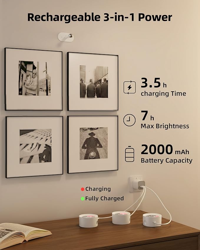 Picture Lights for Wall, 2000mAh Rechargeable Magnetic Art Lights with 3 Color Temps & RGB, Remote Dimmable Battery Operated Wall Light for Bedroom, Living Room, Gallery (White, 3 Pack)