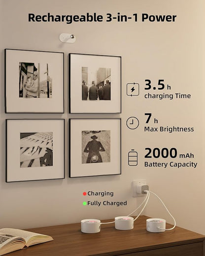 Picture Lights for Wall, 2000mAh Rechargeable Magnetic Art Lights with 3 Color Temps & RGB, Remote Dimmable Battery Operated Wall Light for Bedroom, Living Room, Gallery (White, 3 Pack)