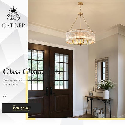 CATINER Gold Drum Chandelier 24.4" Modern Crystal Glass Chandeliers Luxury 8-Light Pendant Ceiling Chandelier Lighting for Dining Room Foyer Living Room Bedroom