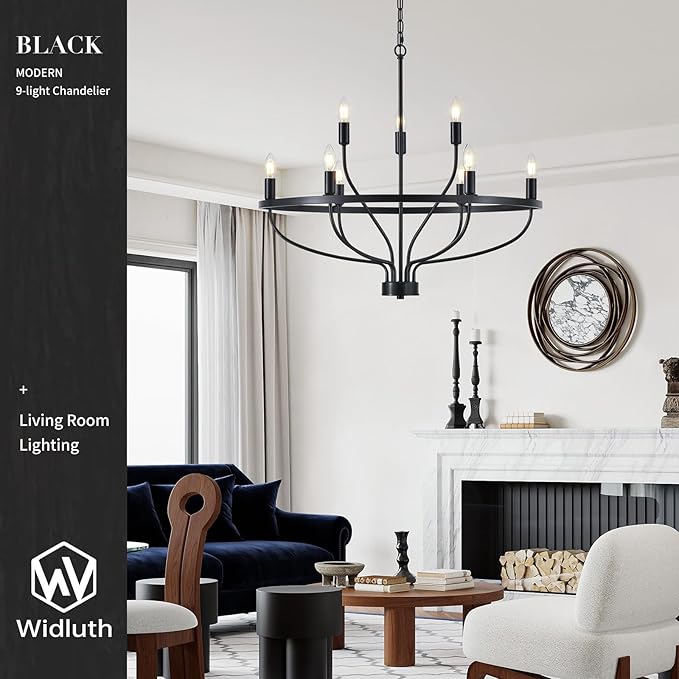 Industrial 30" Black Chandelier Vintage 9-Lights Farmhouse Candle Style Black Chandeliers Light Fixture Retro Modern Black Chandelier for Dining Room, Kitchen Island, Living Room, Bedroom, E12