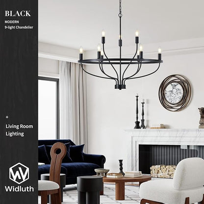 Industrial 30" Black Chandelier Vintage 9-Lights Farmhouse Candle Style Black Chandeliers Light Fixture Retro Modern Black Chandelier for Dining Room, Kitchen Island, Living Room, Bedroom, E12