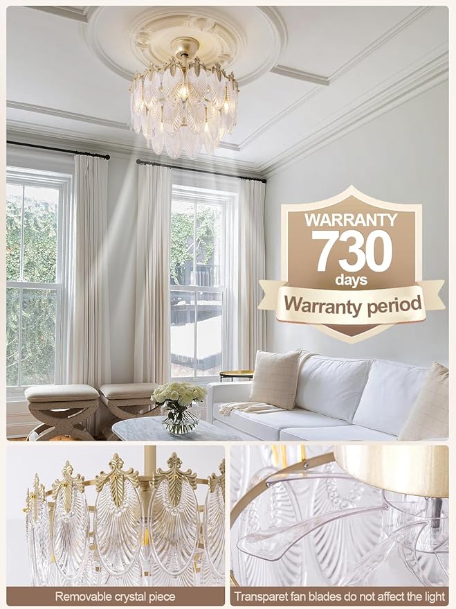 20" Gold Fandelier Ceiling Fan with Light, Gold Crystal Chandelier Ceiling Fans with Lights and Remote Control, Mid Century Enclosed Caged with 6 Speeds for Bedroom, Nursery, Living Room