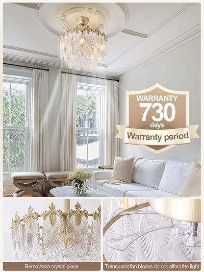 20" Gold Fandelier Ceiling Fan with Light, Gold Crystal Chandelier Ceiling Fans with Lights and Remote Control, Mid Century Enclosed Caged with 6 Speeds for Bedroom, Nursery, Living Room