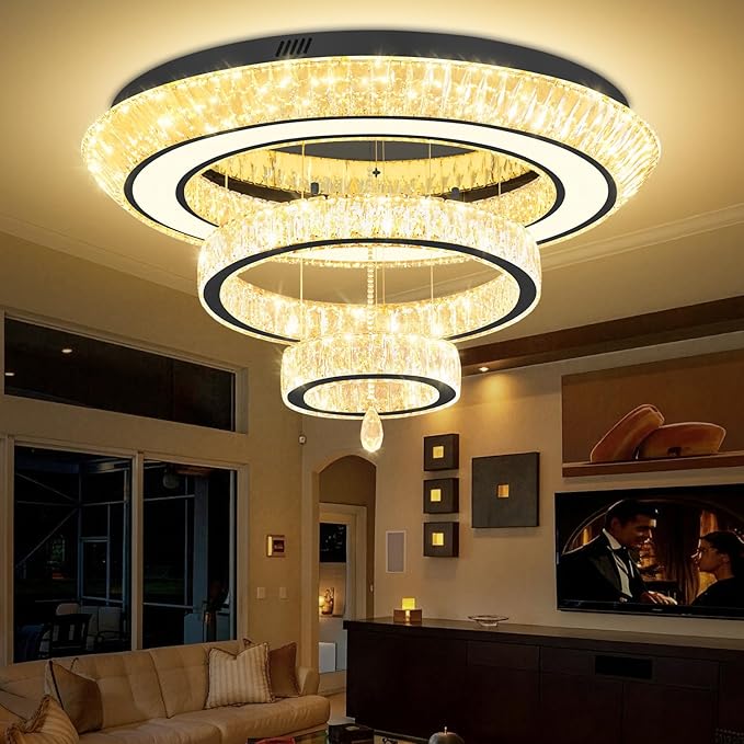 Modern 3 Ring Chandelier for Living Room Luxury 3-Tier Crystal Chandelier Dining 40in Black LED Dimmable Crystal Raindrop Chandeliers Lighting
