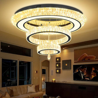 Modern 3 Ring Chandelier for Living Room Luxury 3-Tier Crystal Chandelier Dining 40in Black LED Dimmable Crystal Raindrop Chandeliers Lighting