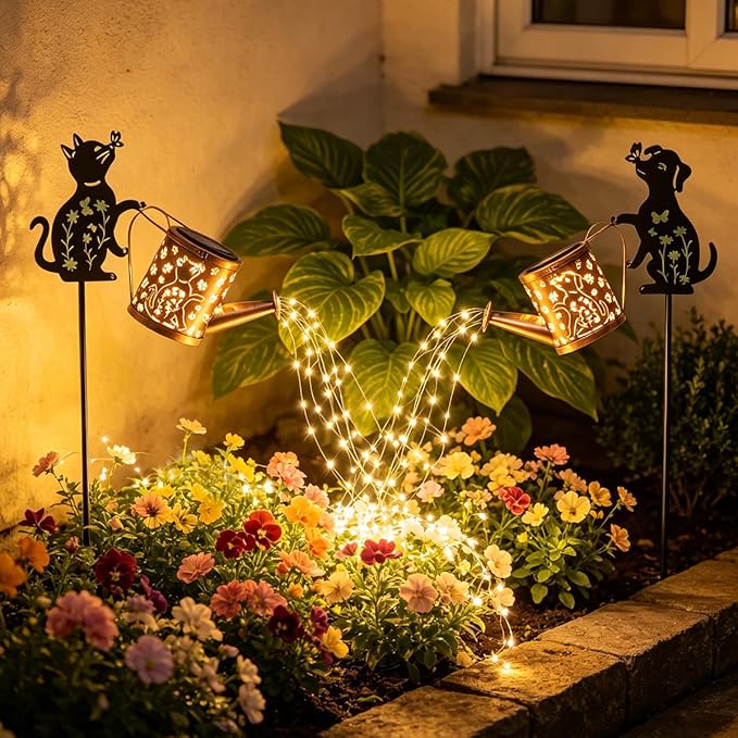 Solar Watering Can with Metal Cat and Dog Figures, Hanging Garden Decoration, Outdoor Garden Gift for Women (Dog+Cat Watering Can Lights)