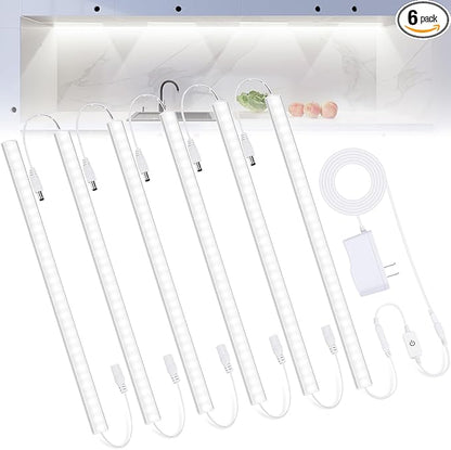 6PCS x 12 inch LED Under Cabinet Lighting 6500K, Dimmable Under Counter Lights for Kitchen, Shelf, Workbench, Cupboard Lighting, Plug-in Under Cabinet Lights with Memory Function, Cold White