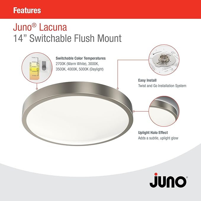 Juno 14 Inch Round LED Flush Mount Ceiling Light, Lacuna Series Low Profile Modern Ceiling Light Fixture, 5-in-1 Switchable White Color Temperature, Dimmable, Brushed Aluminum