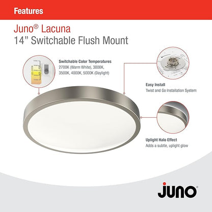 Juno 14 Inch Round LED Flush Mount Ceiling Light, Lacuna Series Low Profile Modern Ceiling Light Fixture, 5-in-1 Switchable White Color Temperature, Dimmable, Brushed Aluminum