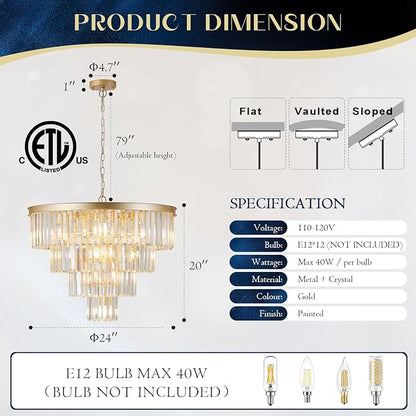 Modern Crystal Chandeliers Luxury Gold 24" Round Chandelier 12 Lights Ceiling Pendant Light Fixture 4-Tier K9 Crystal Lighting for Living Room Dining Room Staircase Foyer