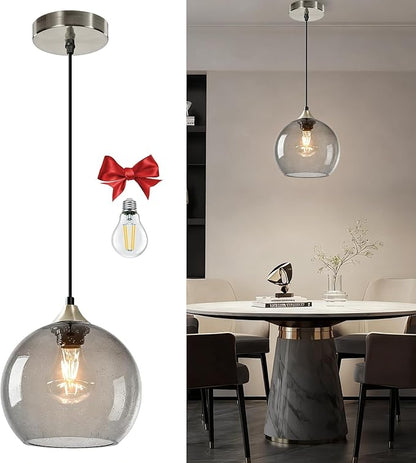 Light Grey Glass Pendant Light for Kitchen Island, Includes 1 Bulb & 4.92FT Adjustable Cord, Modern Pendant Lighting Fixtures for Kitchen, Dining Room, Living Room(7.1in)