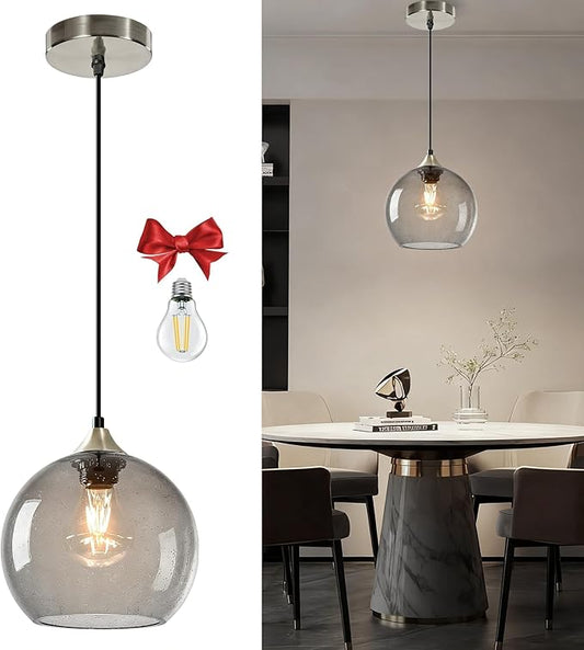 Light Grey Glass Pendant Light for Kitchen Island, Includes 1 Bulb & 4.92FT Adjustable Cord, Modern Pendant Lighting Fixtures for Kitchen, Dining Room, Living Room(7.1in)