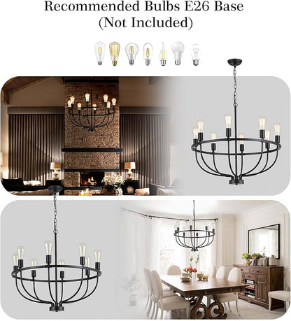 AMZASA 8 Lights Black Industrial Candle Chandelier Light Fixture for Dining Room Bedroom Living Room Kitchen Foyer UL Listed