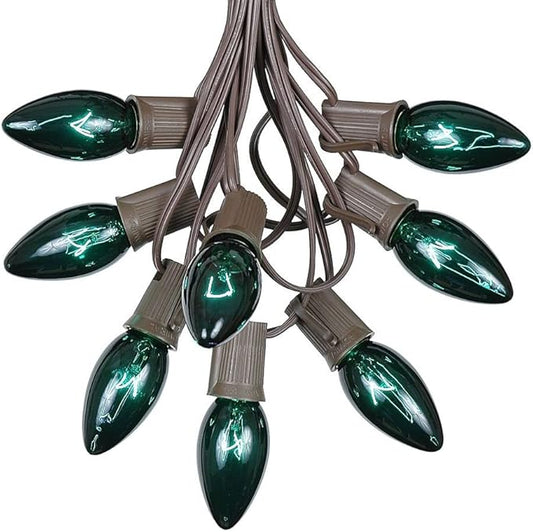 Novelty Lights C9 Green Christmas String Light Set - Outdoor Christmas Light String - Hanging Christmas Lights - Roofline Light String - Outdoor Patio String Lights - Brown Wire - 25 Foot