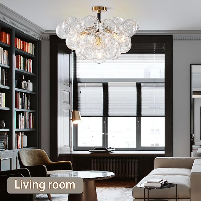 Bubble Ball Semi Flush Mount Ceiling Light Fixture, 24" Bubble Chandelier, Modern Hand Blown Glass Chandelier for Bedroom, Living Room, Dining Room (24” Black Ceiling Light)