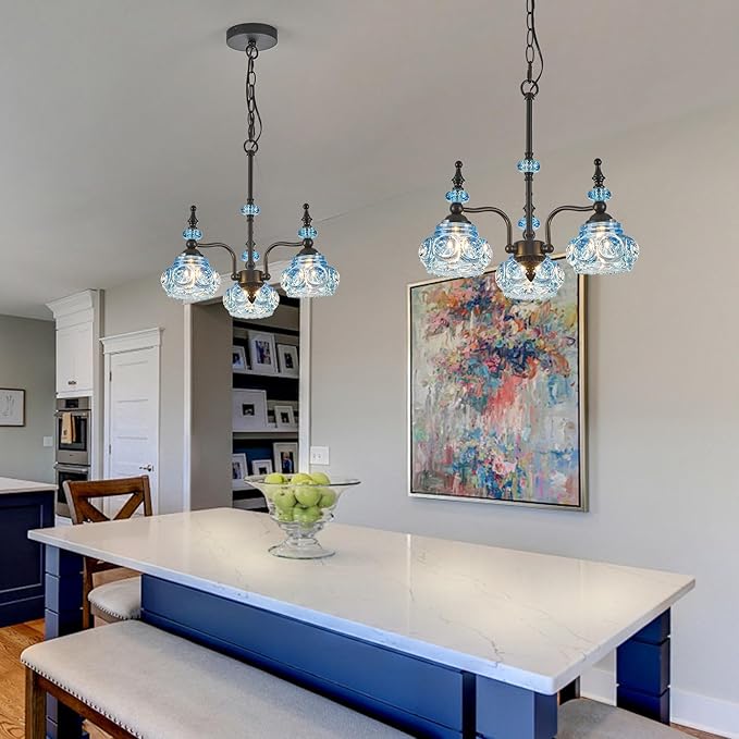 Blue 3-Light Pendant Light Fixtures Black Lights Victorian Vintage Celing Pendant Fixtures for Kitchen Island Bedroom Restrant