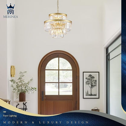 Modern Gold Crystal Chandeliers 15 Lights 4-Tier Luxury K9 Crystal Lighting 22" Round Ceiling Pendant Light Fixture for Living Room Dining Room Bedroom Kitchen Foyer
