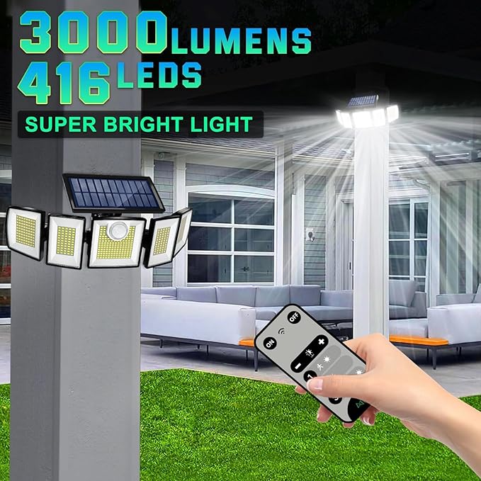Solar Lights Outdoor Waterproof Motion Sensor - 416 LEDs 3000 Lumens Super Bright 3 Brightness 3 Modes 2400mAh 360° Illumination 32ft Solar Flood Security Light for Outside (2, 13.7x4.3x5inch)