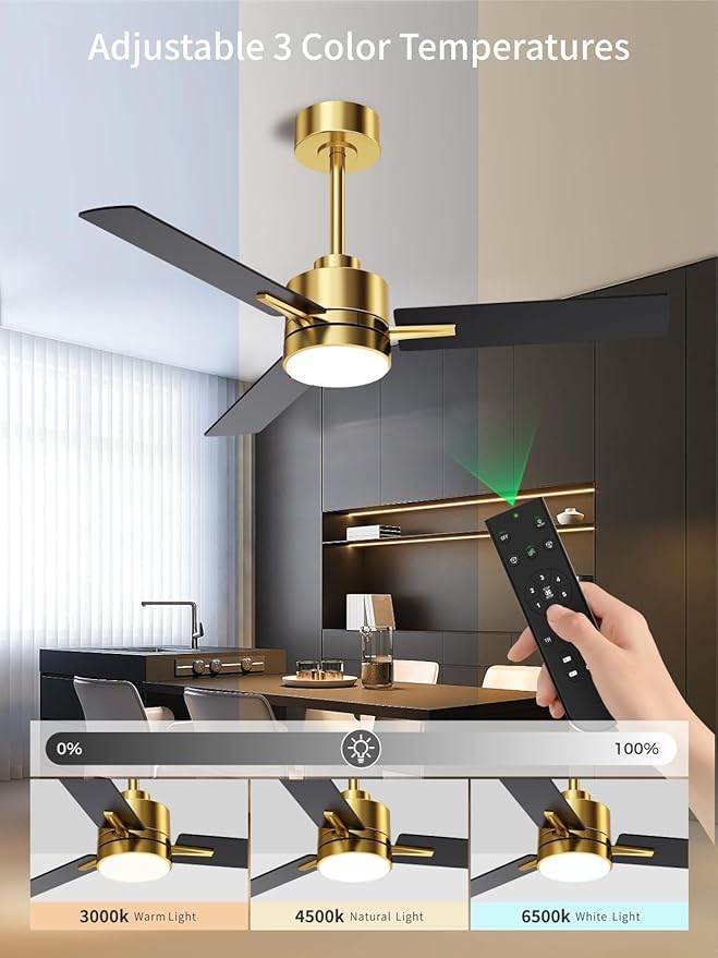 LANMEL 42'' Black and Gold Ceiling Fans with Lights and Remote, 6 Speed Low Profile Modern Ceiling Fan with Quiet DC Motor for Indoor Outdoor Bedroom Living Room